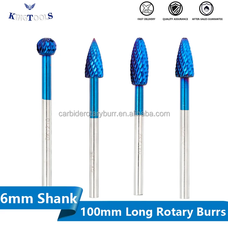 Total Length 100mm Long shank Metal File Double Cut Tungsten Carbide Rotary Burrs 6mm Shank Nano Blue Coated Rotary File burr