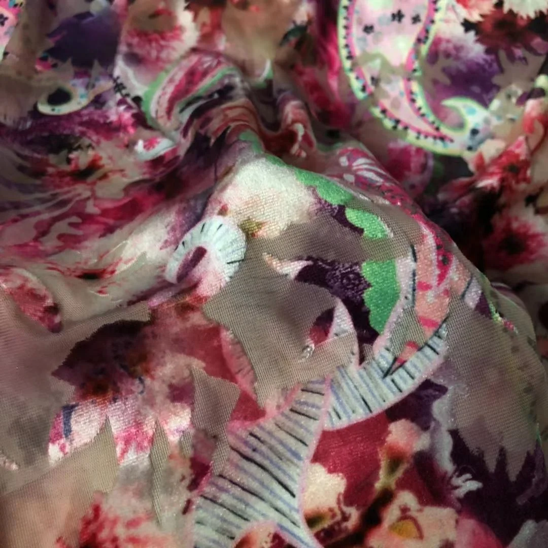 Hot sale Burnout custom print flower pattern polyester and spandex blended fabric for dress