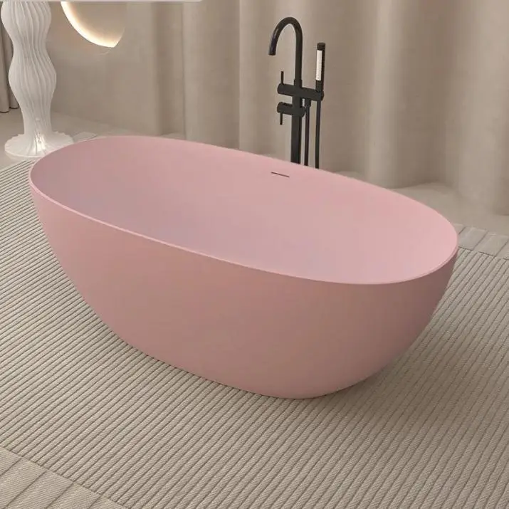 Pink Luxury Easy Maintain Tub Freestanding Artificial Stone White Pure Acrylic Solid Surface Bathroom Hotel Bathtub With Faucet