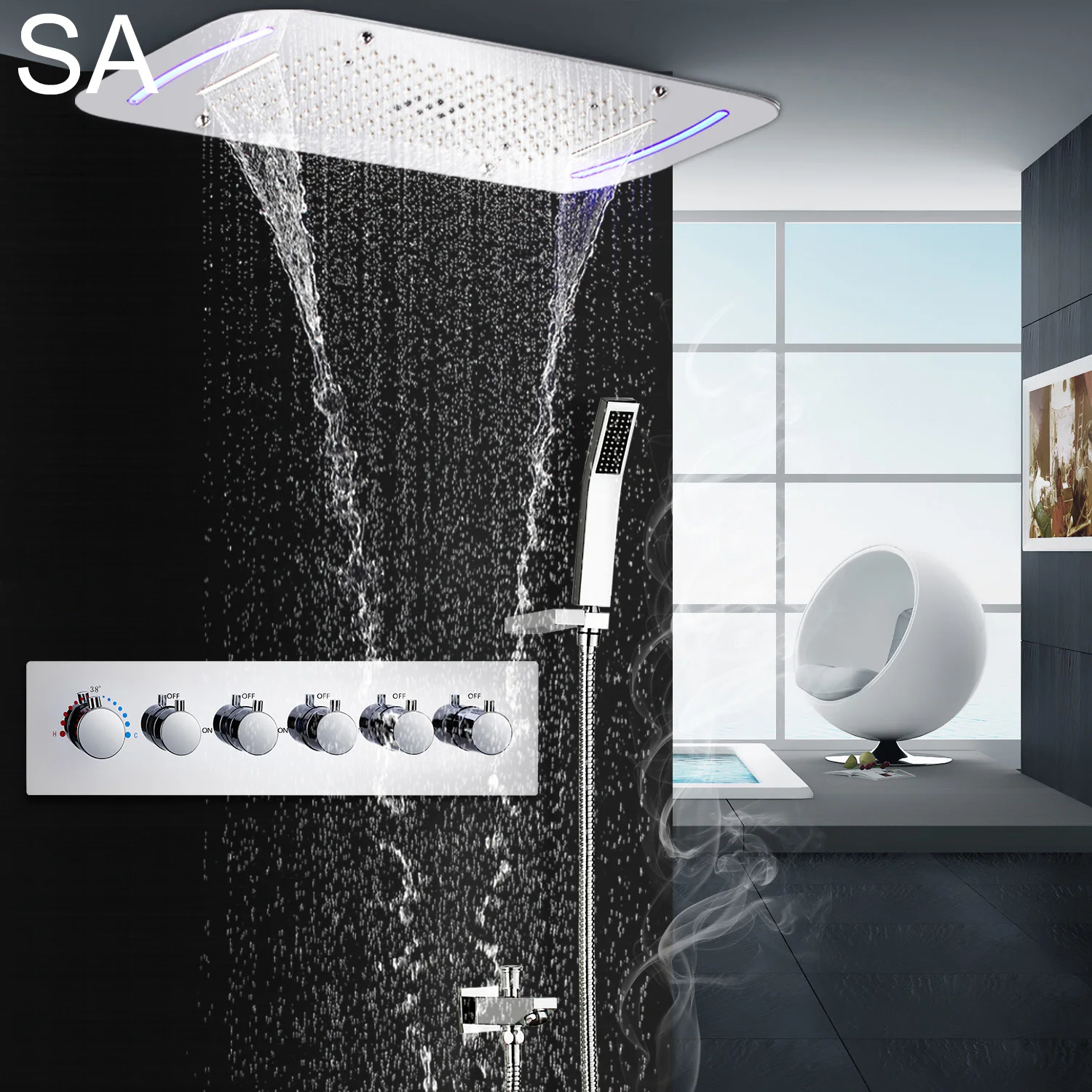 Spa Rain Shower Chrome Color Bathroom Shower Led Concealed 470*710 mm  28 inches  Large Thermostatic Change Color Shower Faucet