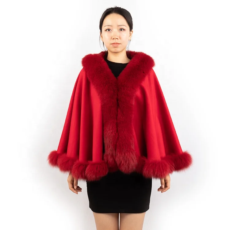 
DH IATOYW wholesale elegant cashmere poncho with real fox fur trim fashion women fur cape  (62316403737)