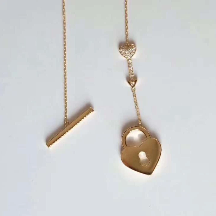 Wholesale Custom Jewelry Trendy Girlfriend Gift Key Lock Love Heart Pendant 18K Gold Natural Diamond Chocker Couple Necklace