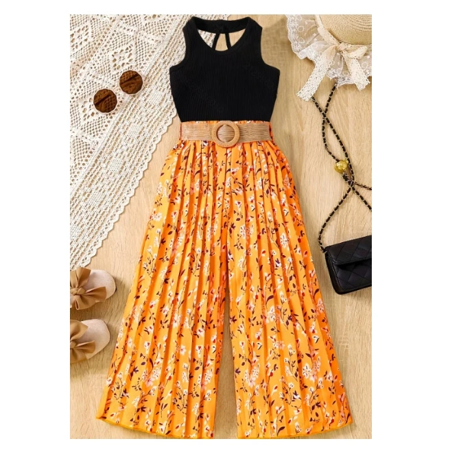 2024 Summer teenager girl clothing set summer sleeveless shirt loose pants 2pcs outfit
