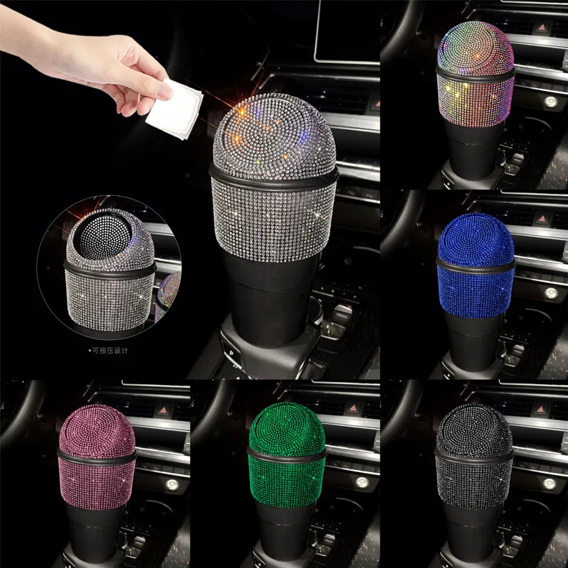 Bling Rhinestone Auto Garbage Can Crystal Car Trash Can Container with Lid Mini Cup Holder Garbage Bin