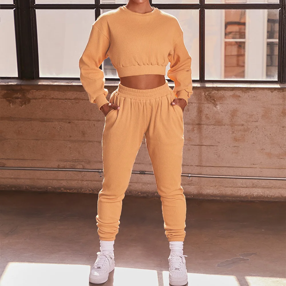 Fall Winter Oversized Casual Sports Women Hoodies Set Long Sleeve Crop Top Sweatshirt And Leggings 2 Pieces Hoodies Set