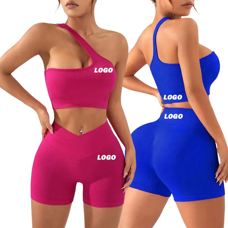 Seamless Ribbed Crossover Fitness One Shoulder Yoga Bra and Short Set Workout Gym Fitness Sets Women High Waist Yoga Tight Sets