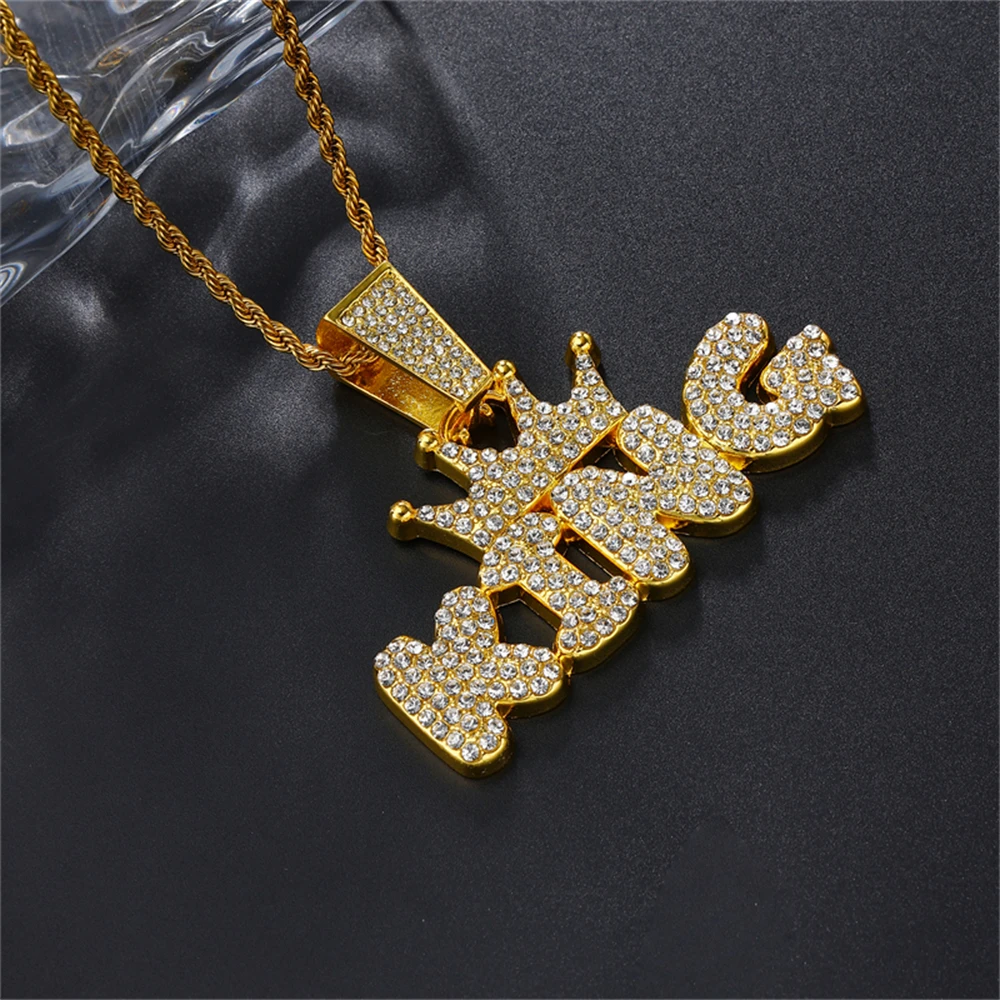hiphop Iced out twists chain with alloy and bling rhinestone  KING  letter crown pendant necklace