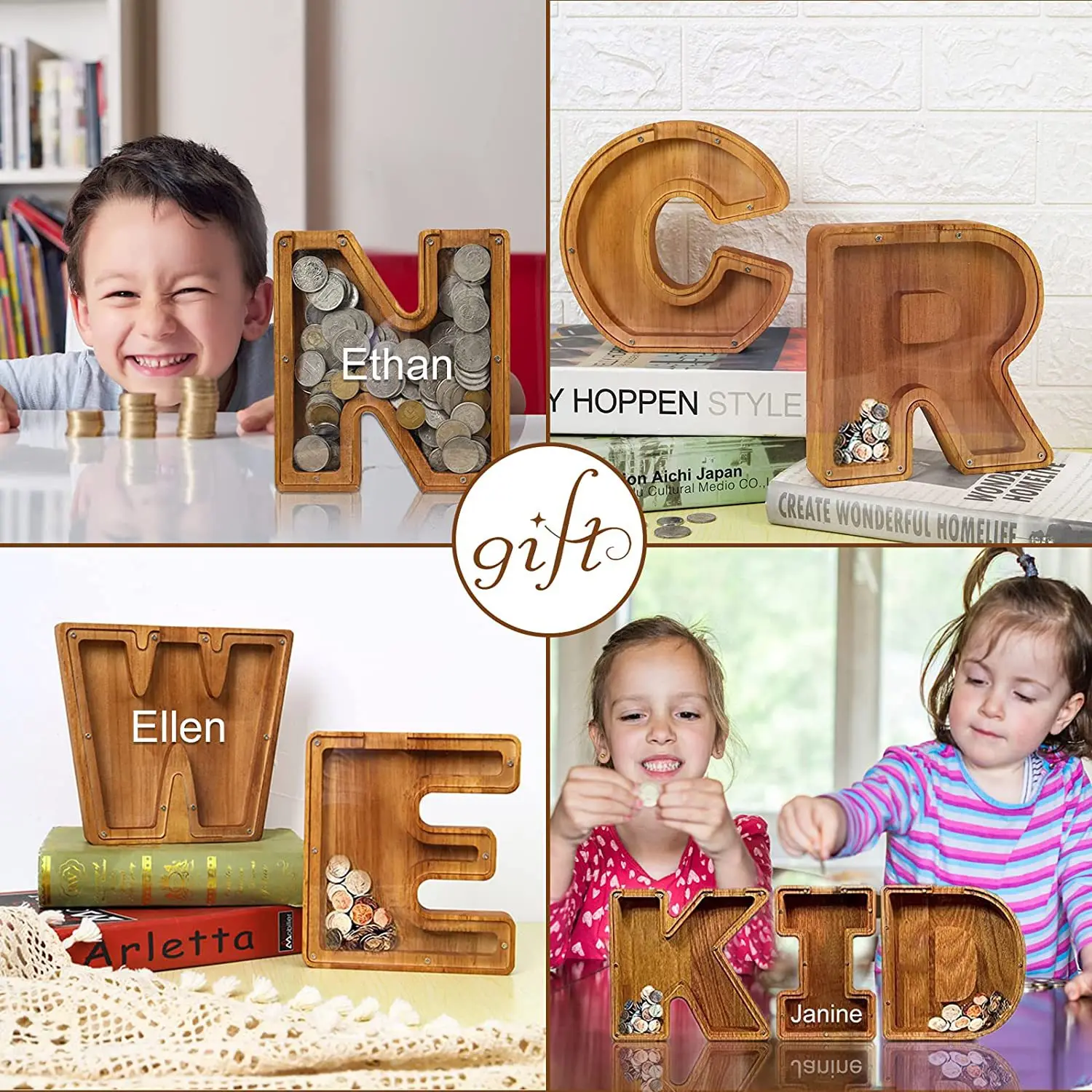 Wooden Piggy Bank Personalized Letters Coin Piggy Bank Custom Name Letter Shaped Money Saving Box for Kids DIY