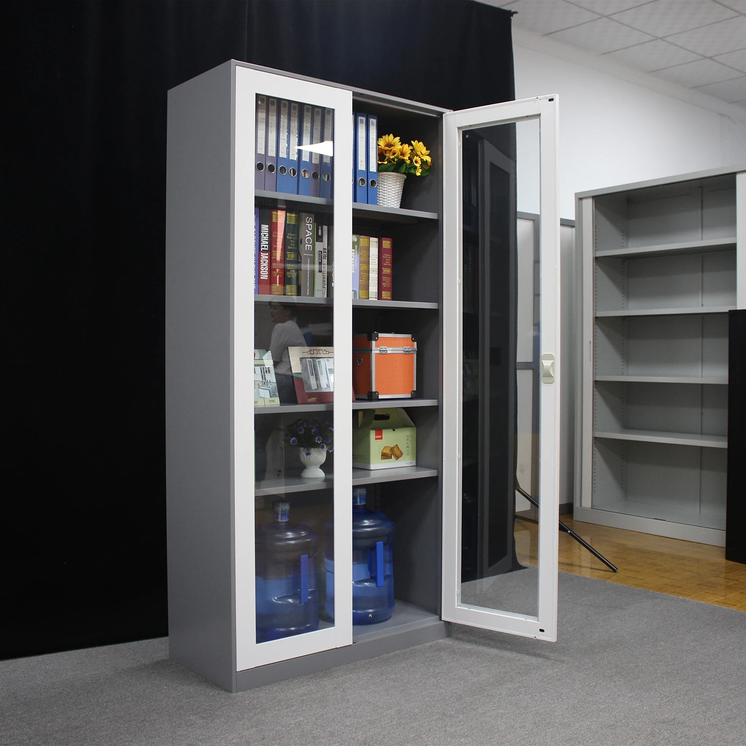 Factory price Steel Office Furniture Glass Swing Doors Filing cupboard Metal Storage Cabinets with Sheet
