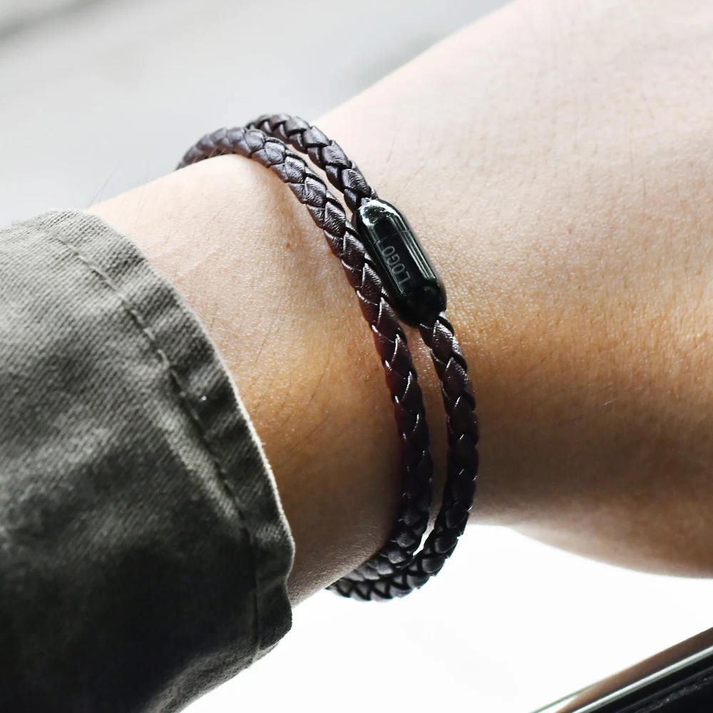 F560 Unisex Black Steel Stainless Magnetic Clasp Mens Genuine Cowhide Braided leather wrap bracelet for men or Women jewelry