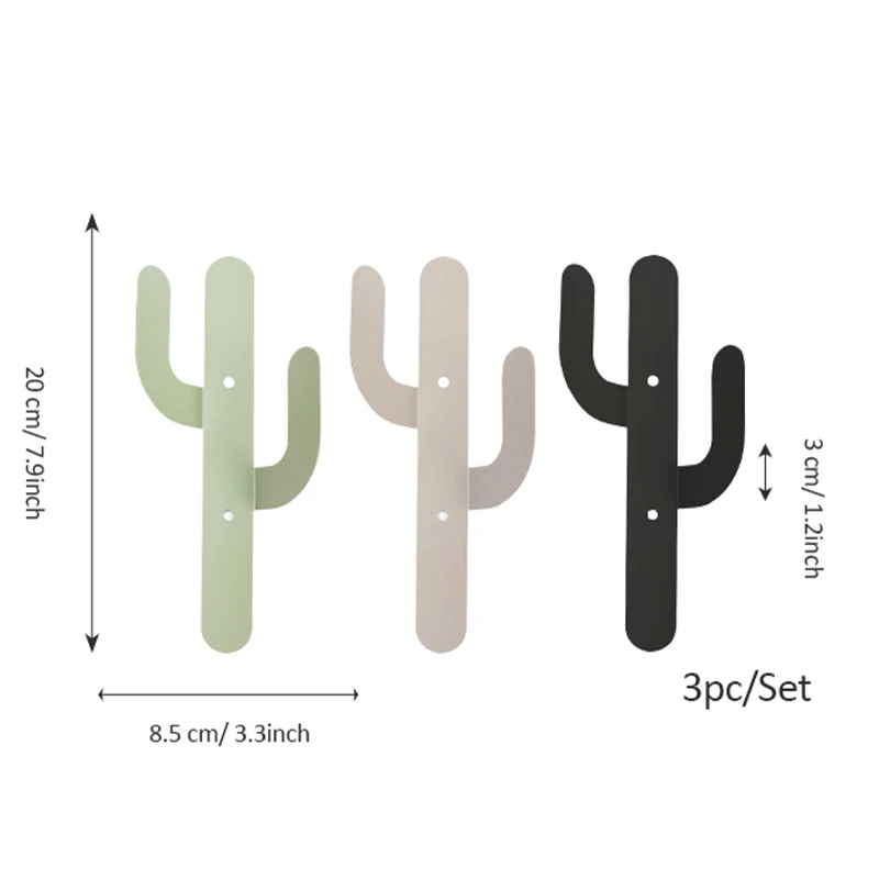 Set of 3 Iron Cactus Double Wall Mounted Hooks Hangers Bathroom Decorative Metal Hooks for Coats and Bags