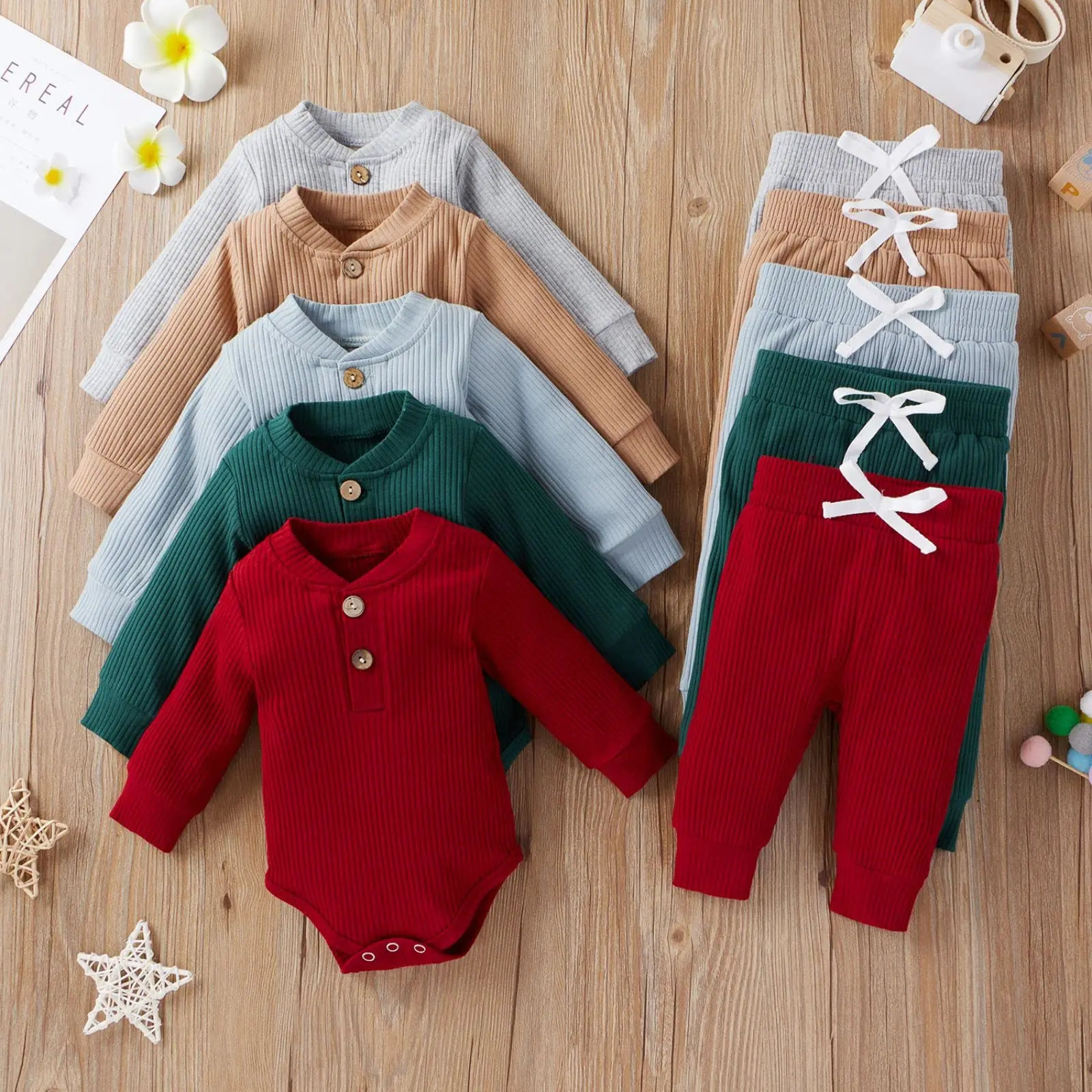 Hot Sales Newborn Baby Boy Girl Polka Solid Color Outfit Ribbed Knit Long Sleeve Romper and Pants Set Fall Winter Clothes