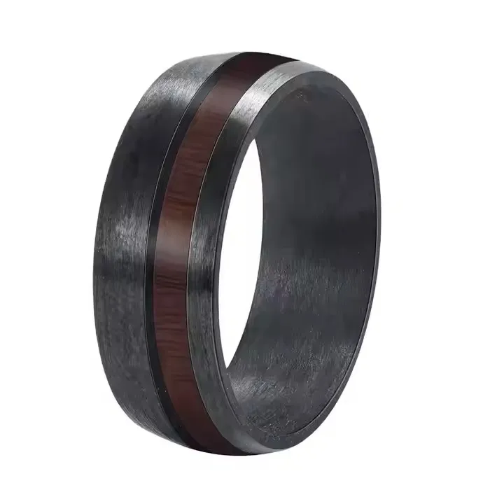 POYA Unisex Wedding Band 8 mm Black Carbon Fiber Ring Offset Wood Inlay Tungsten Men Women Classic Engagement Gift