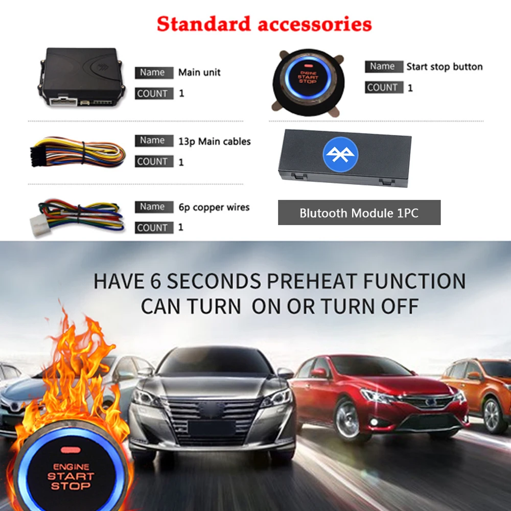 Одна кнопка запуска, удаленный запуск двигателя, блокировка, разблокировка через приложение для телефона, Автомобильная сигнализация, удаленный запуск
