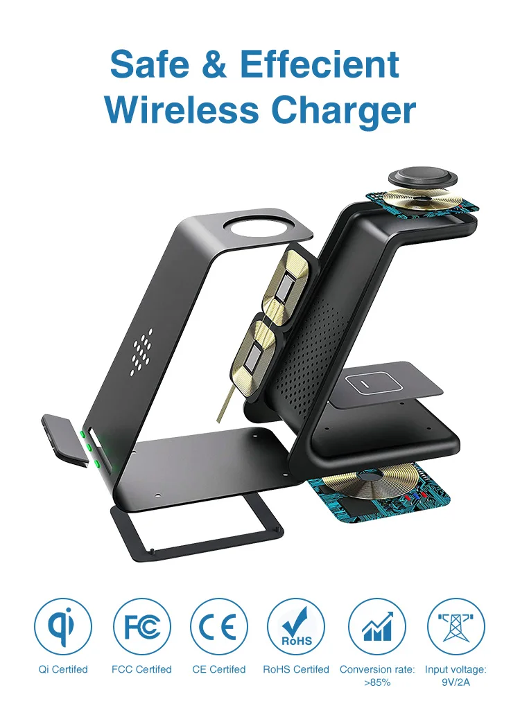 T3 Qi Charging Station Dock 3 in 1 Wireless Charger Stand for Apple Watch Airpods