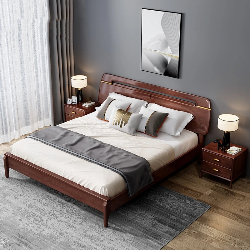 Solid wood bed modern light luxury solid wood kingdom size red sandalwood golden wedding bed bedroom furniture