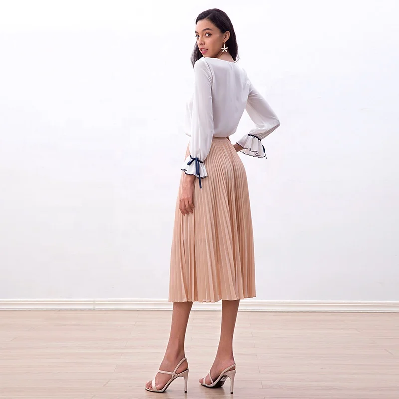 S280L Solid chiffon elasticated waist full circle sunburst pleated midi casual skirt