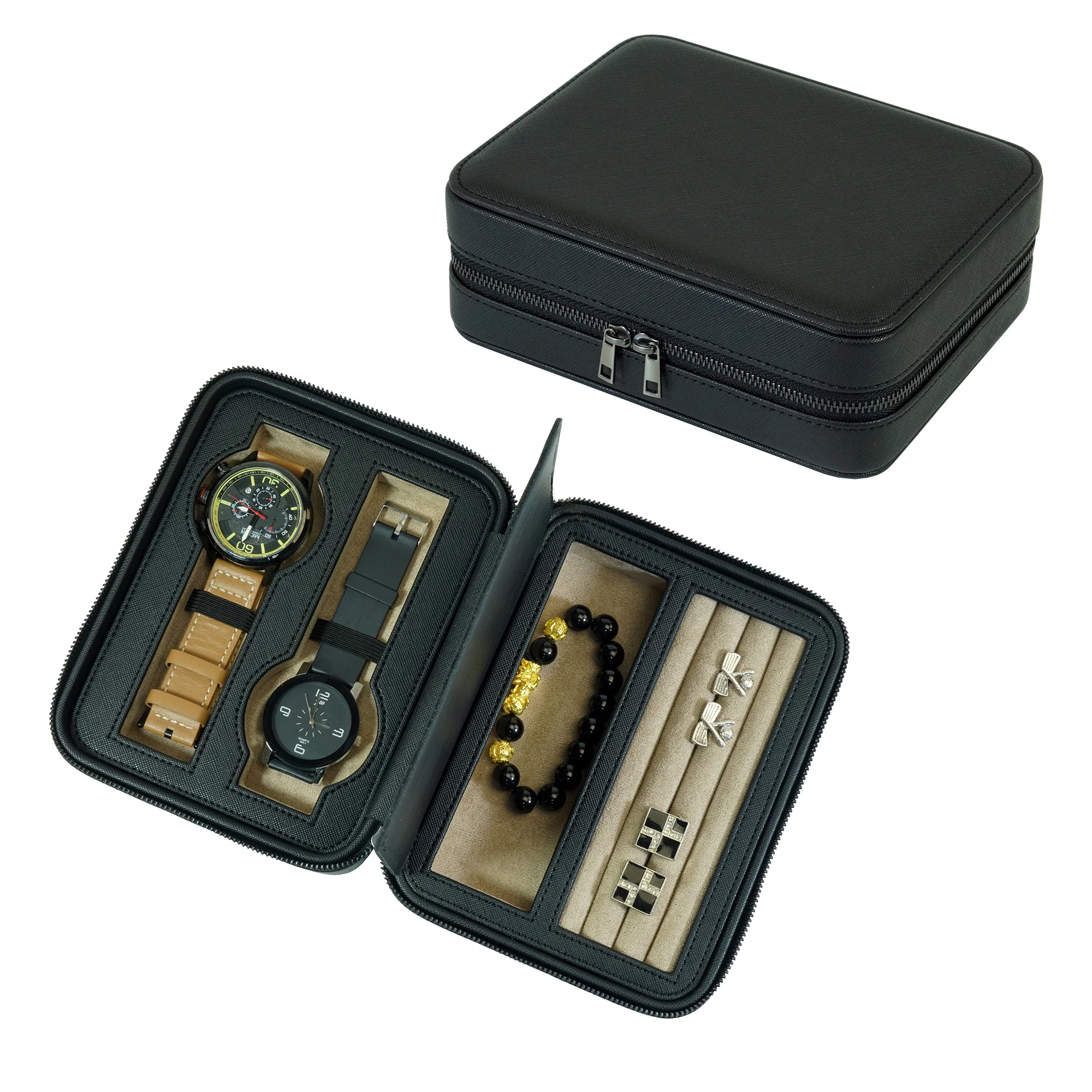 Sonny Custom Black Leather Travel Jewelry Box Case for Watch Cufflink Bracelet