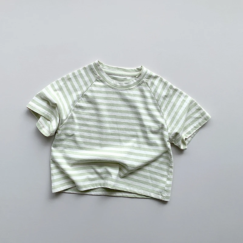 Summer Kids Clothing Macaron Color Children Short Sleeved Striped  New Boys Girls Linen Korean Casual Top Baby T-Shirt