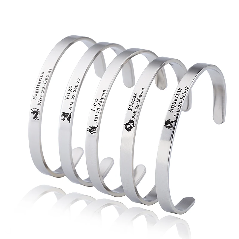 European fashion steel color Zodiac signs Engraved Stainless Steel Bracelet Bangles for Women Men