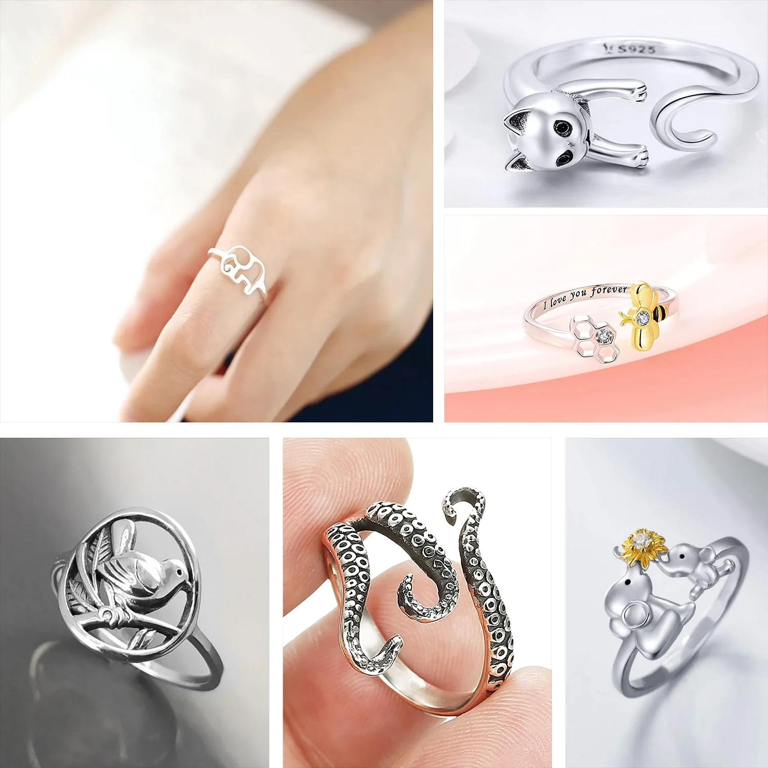 Bee Deer Antler Animal Open Bunny Tortoise Octopus Adjustable Elephant Fish 925 Sterling Silver Lion Cat Cute Snake Pigeon Ring