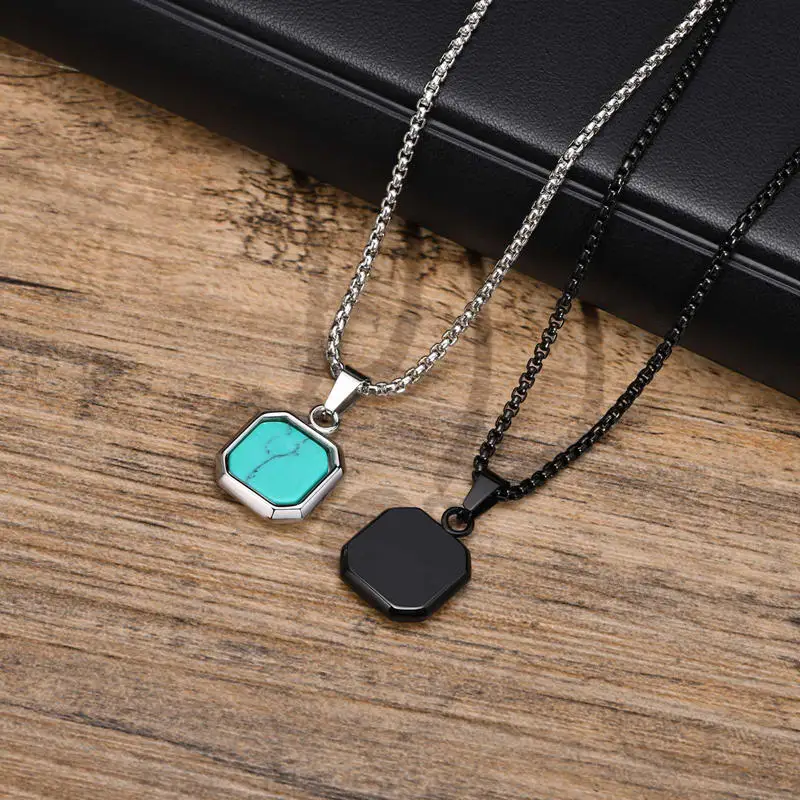 Fashion jewelry men square turquoise stone pendant necklaces acrylic 18k gold plated stainless steel shell charms necklace