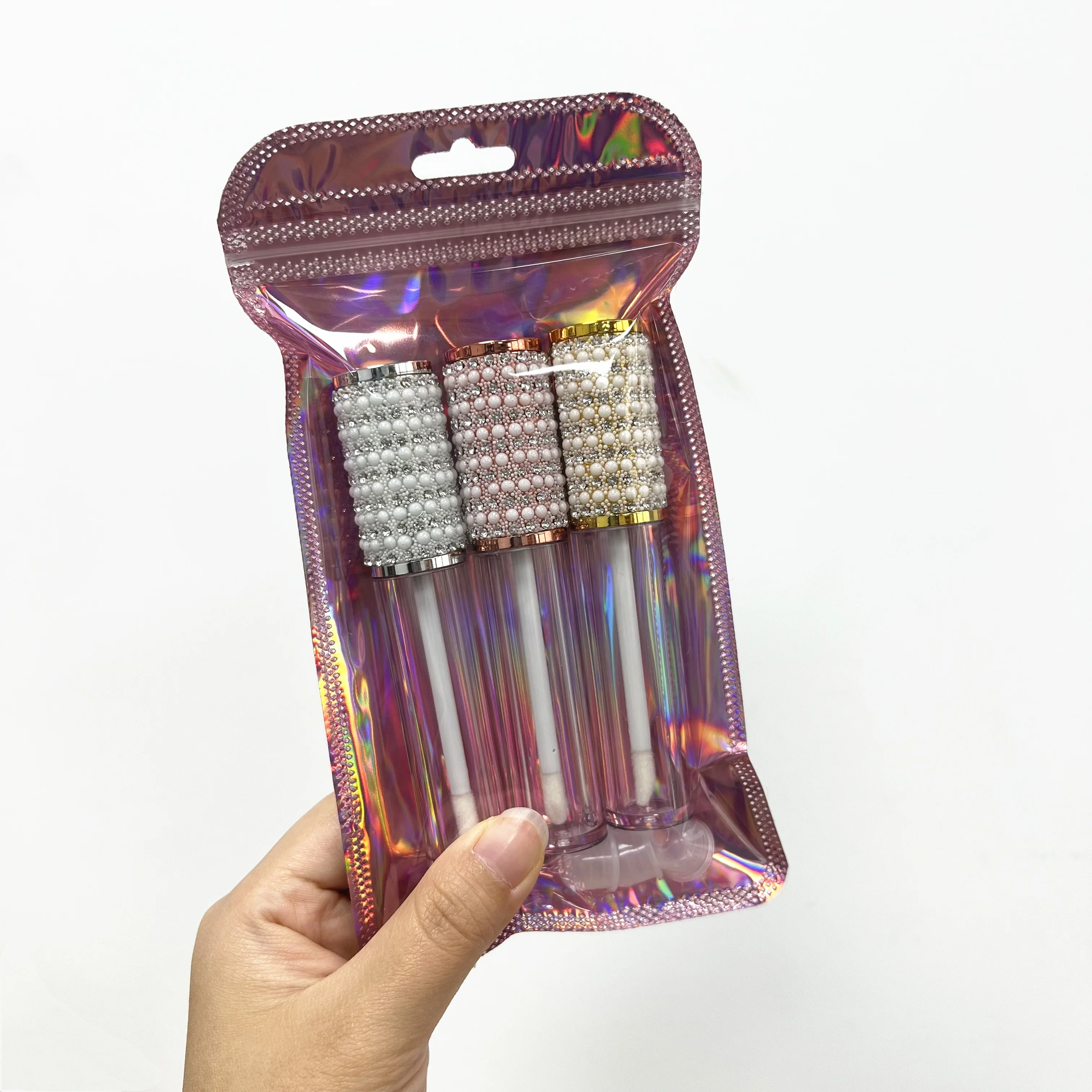 Custom logo empty luxury popular bling lipgloss cosmetic packaging glitter top lip gloss tubes with rhinestone