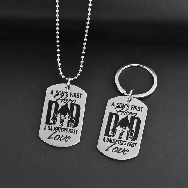 Yiwu Aceon Stainless Steel Men Father Dad with A Son or Daughter First Hero Etch Deep Engrave Key Chain Necklace Pendant Dog Tag
