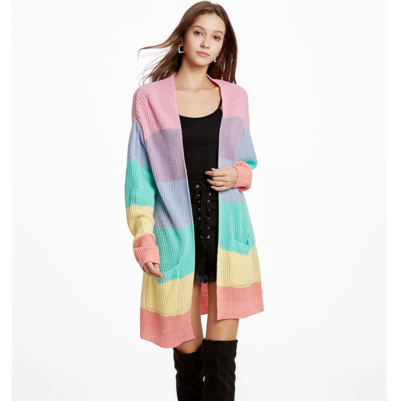 Wholesale Fashion Style Women Rainbow Color Overcoat Knitted Cardigan