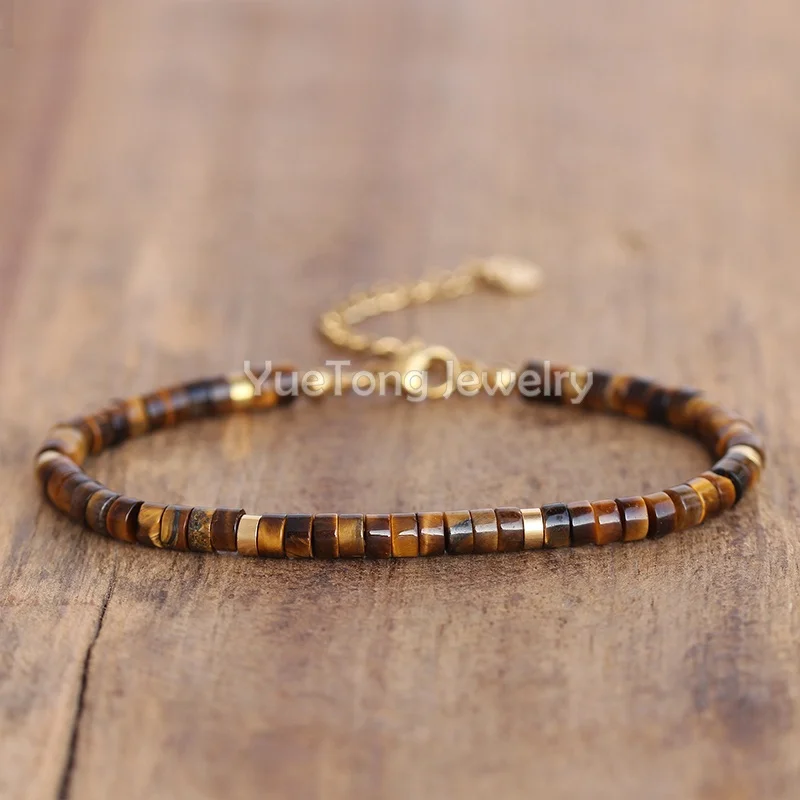 18k Gold PVD Stainless Steel 2x4mm Natural Stone Beads Dainty Bracelet Women Clasp Chain Adjustable Healing Bracelet Wholesale