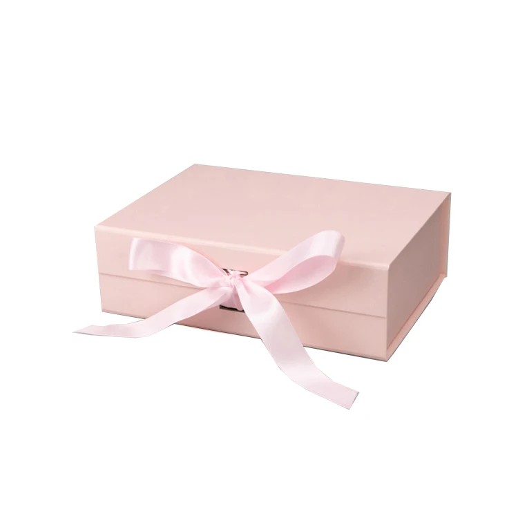 Large luxury custom foldable magnetic black white pink gold paper cardboard hamper gift box with ribbon