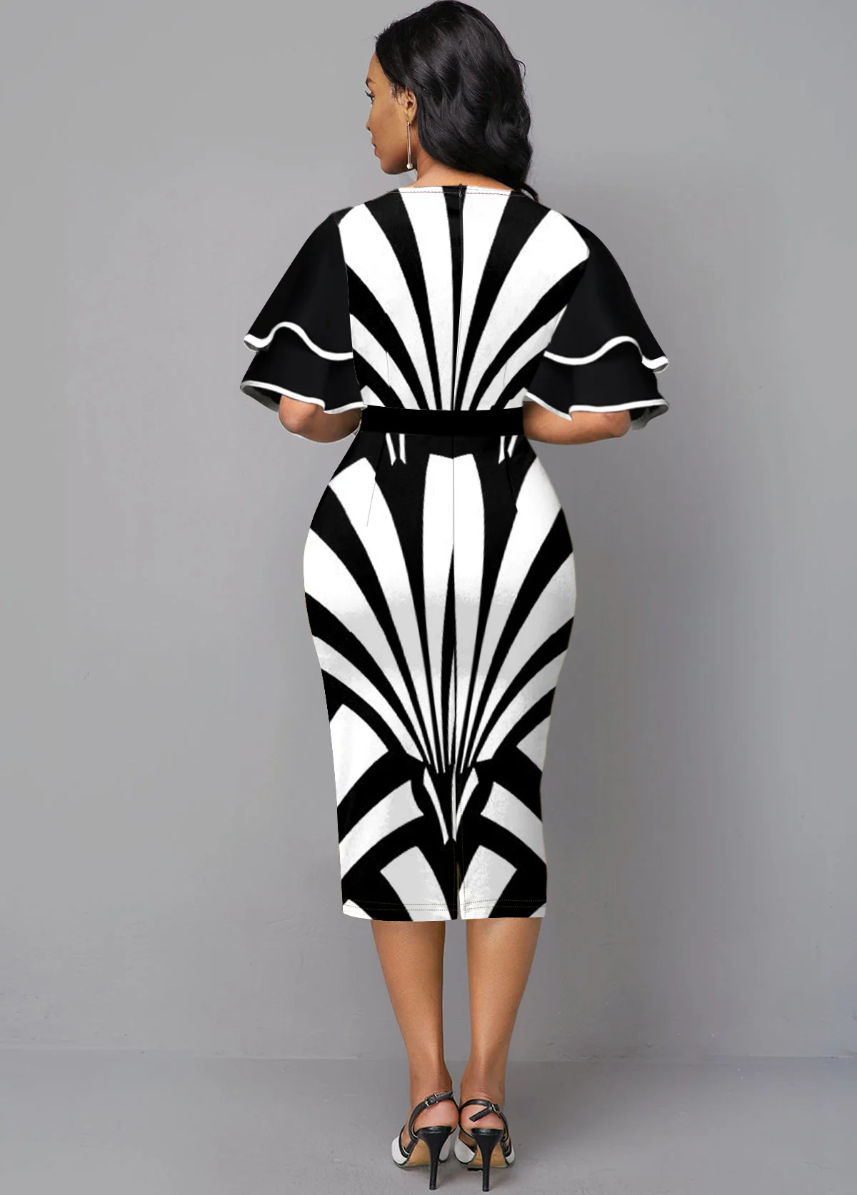 Color Block Flare Sleeve Round Neck Dress