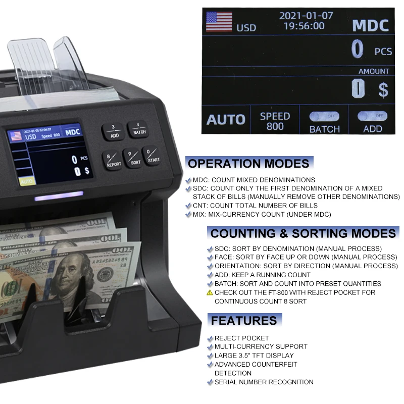 Professional Automatic Bill Counter Machine Handy Multi-Currency IR MG Money Counter with LED Display for Banks