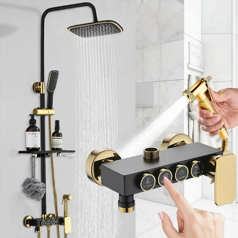 Leton Square Bathroom Shower System Hot Cold Bathroom Tap Thermostatic Black Gold Shower Set