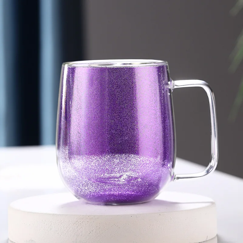 Wholesale Colorful Liquid Sand Double-Layer Glass Cup with Drilled Crystal Art, Sand-Filled Coffee Cup