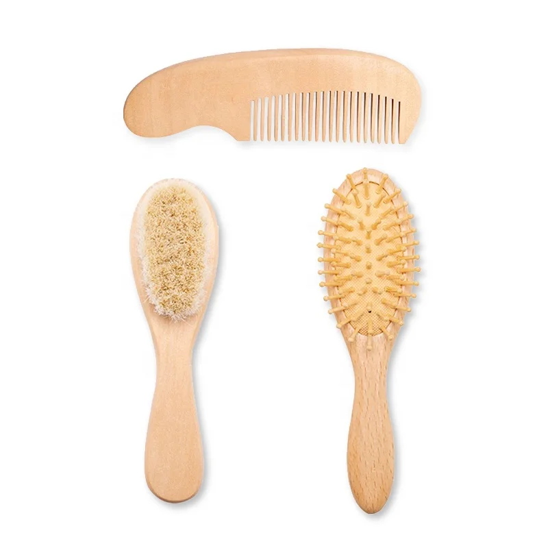 Wholesale factory price wooden baby brush three piece set custom name hair comb massage comb