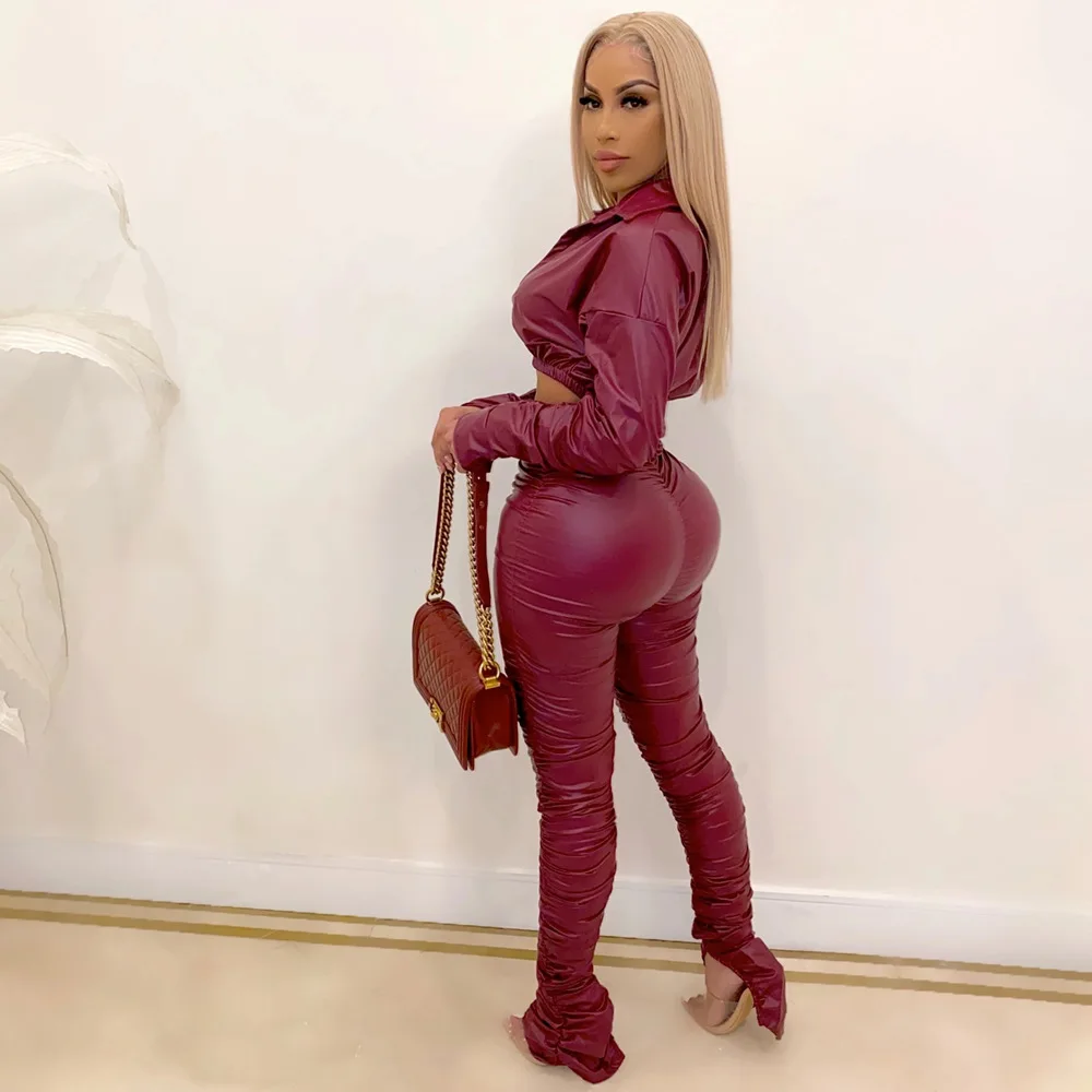 PU leather stack pants 2 piece set for women v neck long sleeve crop tops and pants sets