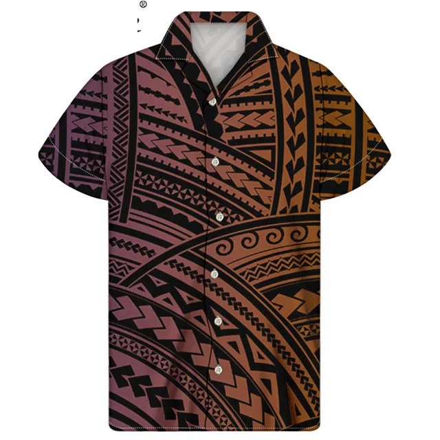 Brown Stripe Casual Shirts Hawaii Polynesian Tribal Printed Customized Shirt Plus Size T Shirt Manufacture Men Tropical Tops New
