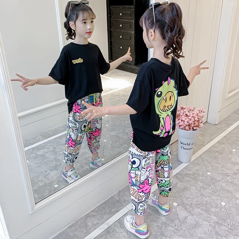 2023 Summer Teen Girls Boutique Clothing Short Sleeve Cartoon Print T Shirt Drawstring Pants 2 Pieces Hot Sale Kids Clothes