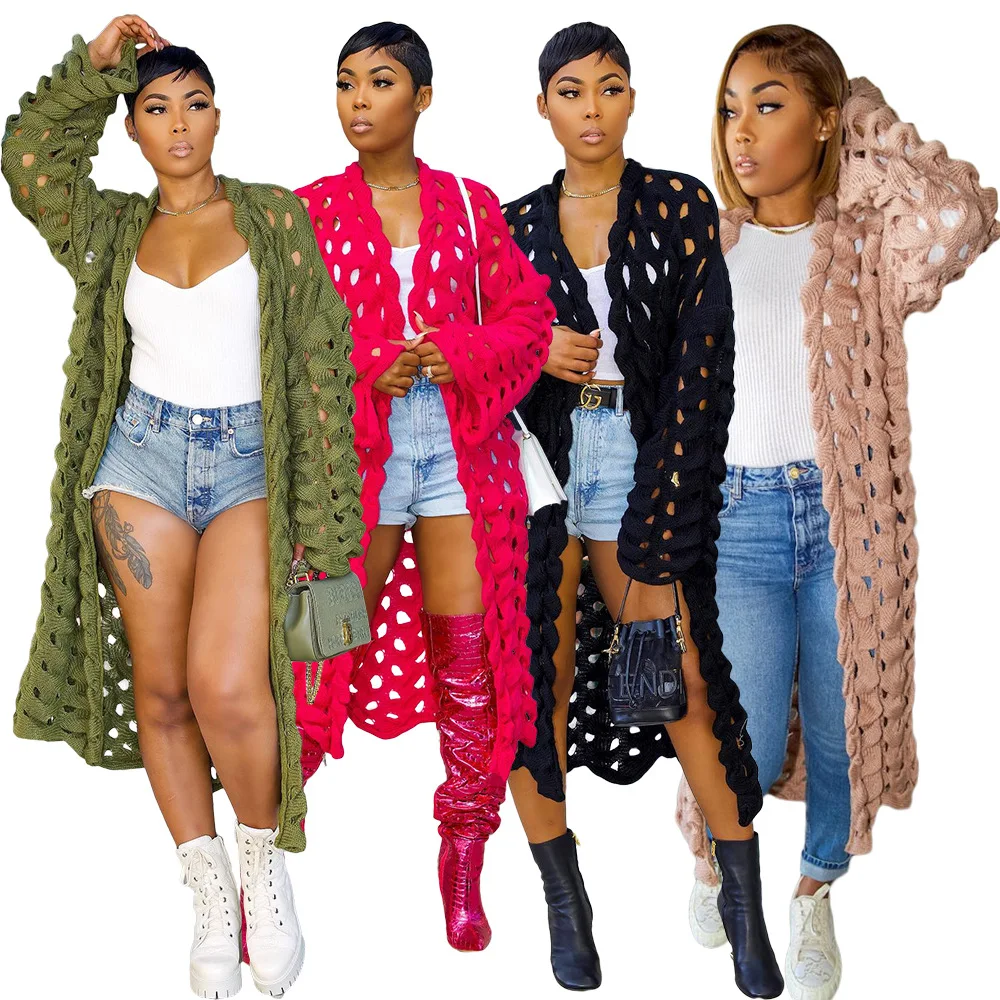 Latest Design Hand Knitted Long Cardigan Sweaters Autumn Women Long Sleeve Hollow Out Sweater Knitting Cardigan Coats