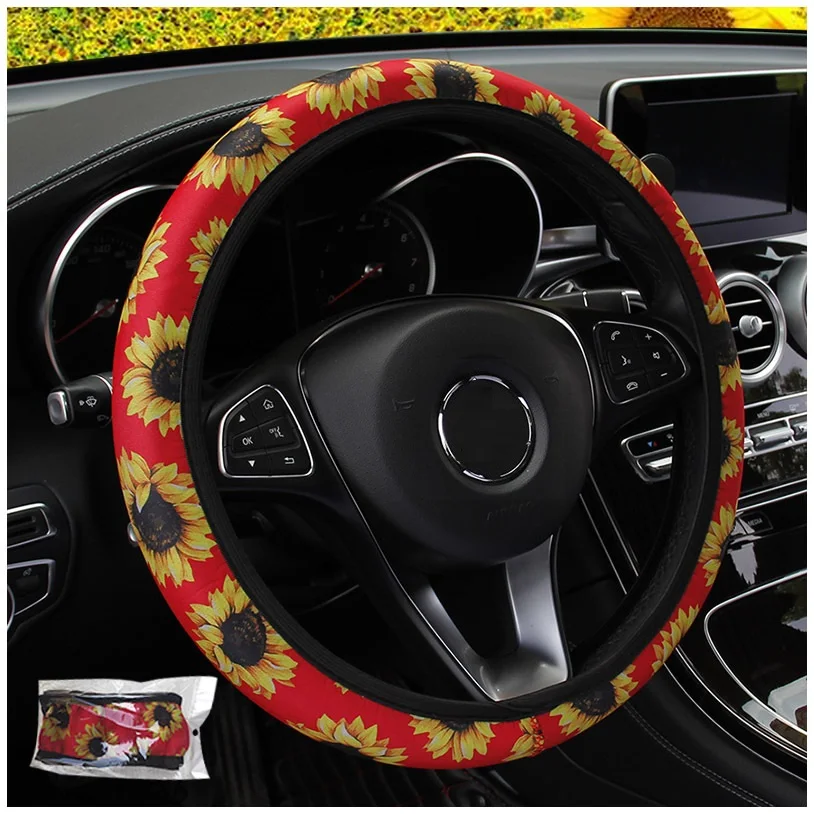 With car logo elastic print pattern universal car steering wheel cover custom with blue lady on it car steering wheel cover set