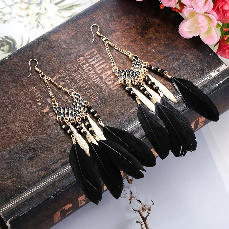 Bohemian Long Colorful Fan-shaped Fringed Feather Seed Beaded Earrings for Female