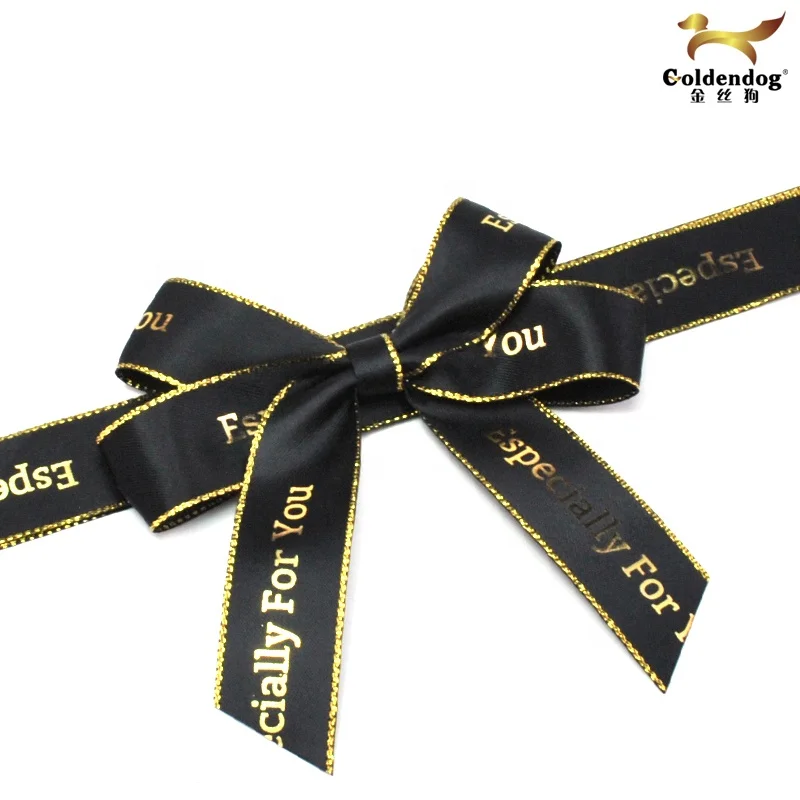 Custom LOGO Printing Pre-tied Gift with Elastic Band Gold Edge Satin Bow Ribbon