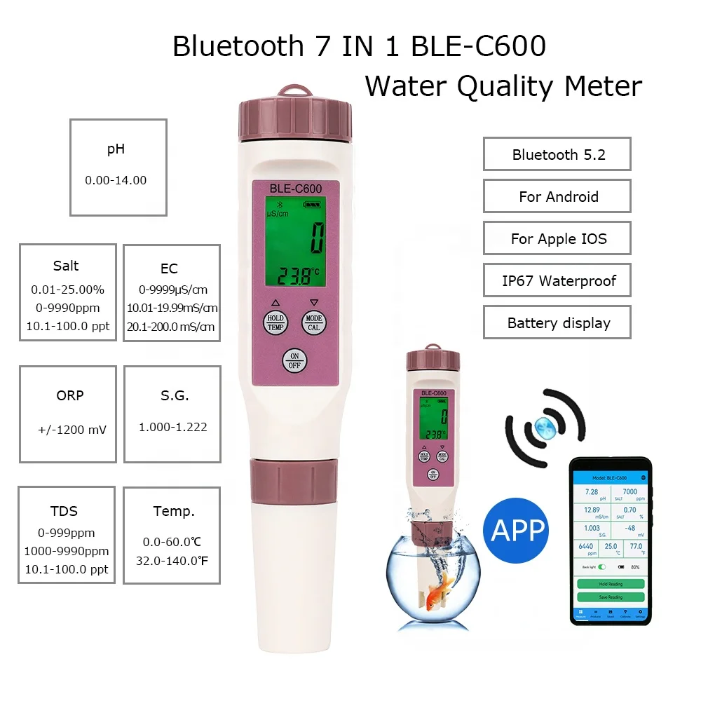 ble-c600 smart bluetooth water tester 7 in 1 ph/tds/ec/orp/sg/temp/salt digital meter