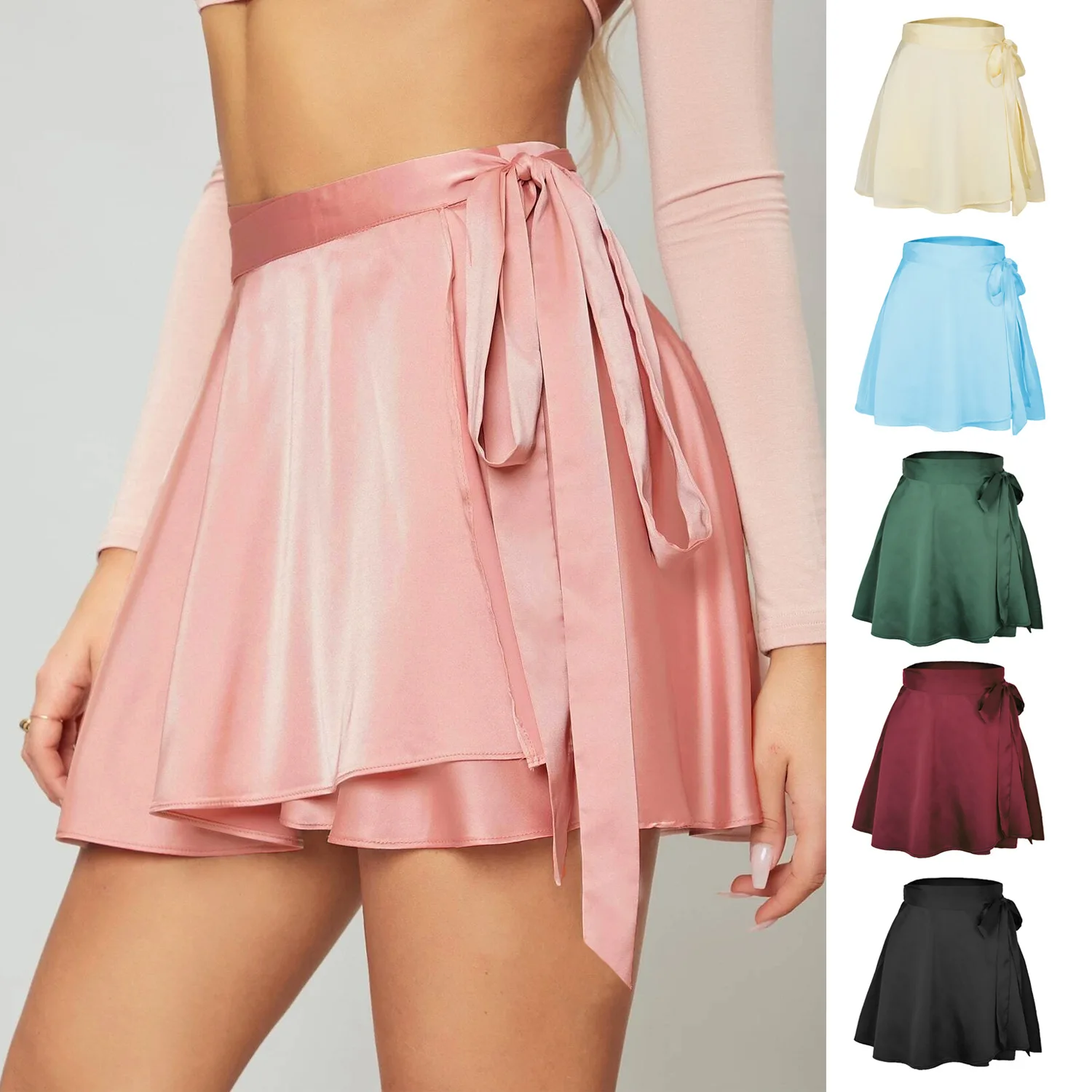 2024 Summer High Waist Elegant Explosions Solid Color Vintage Style Lace-Up Chiffon Satin Wrap Skirt Empire Crocheted Weaving