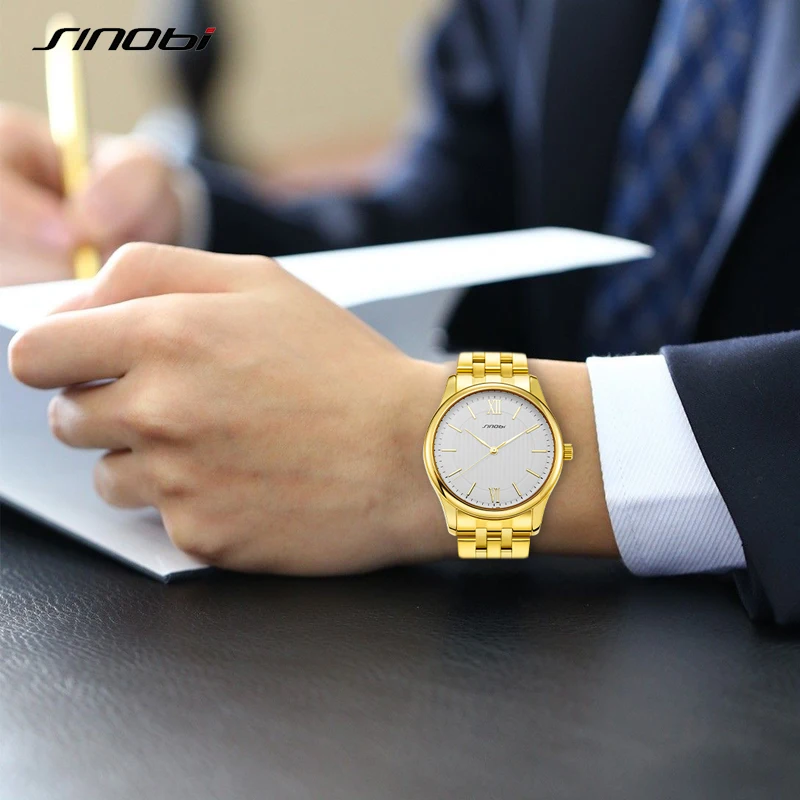 SINOBI Quality Business Watch Luxury Stainless Steel Watches Men Gold Golden Wristwatch S9833G Relogio Masculino Mens Watch Sets