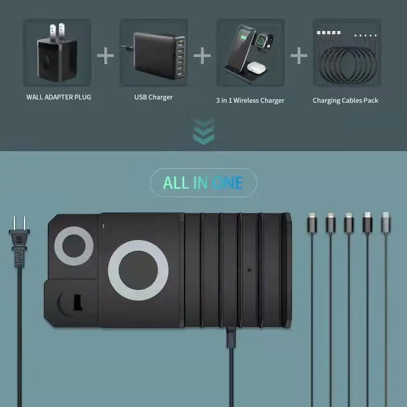 8 IN 1 Wireless Charger for phone watch earphone and USB Charging Station PD20W QC18W 15W