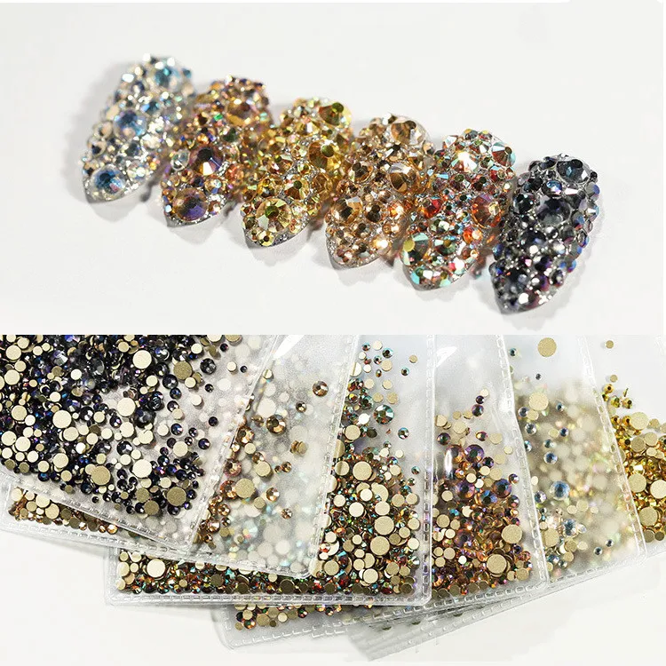 Aokitec Wholesale mix designs Nail Round Crystal 3d Glass Rhinestone Flat back Jewelry Set Glue For Nails Art