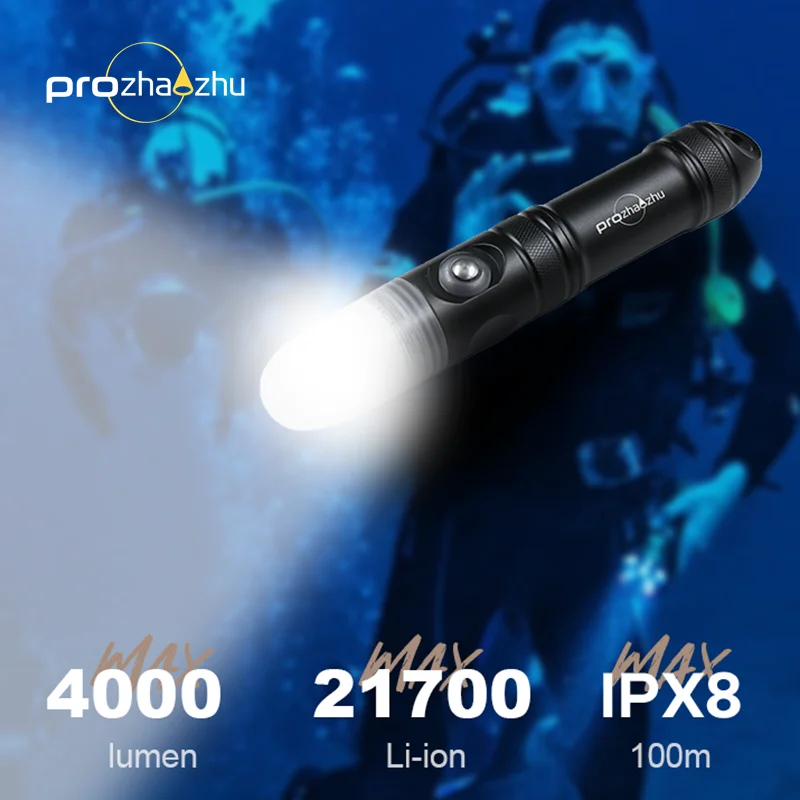 100M diving depth Led Flash light 4000 Lumen LED 21700 Battery IP68 Waterproof Underwater Strobe Signal Light For Diving