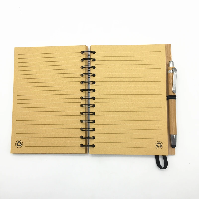 fsc eco friendly bamboo notebook recycled paper spiral wood wooden cover notebook custom spiral  journal diary planner with pen